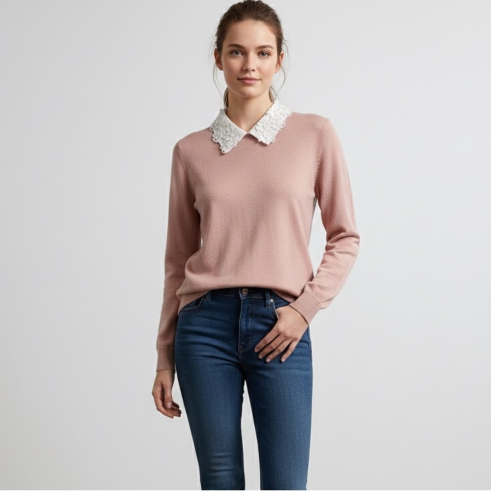 Pink Sweater with Floral Lace Collar